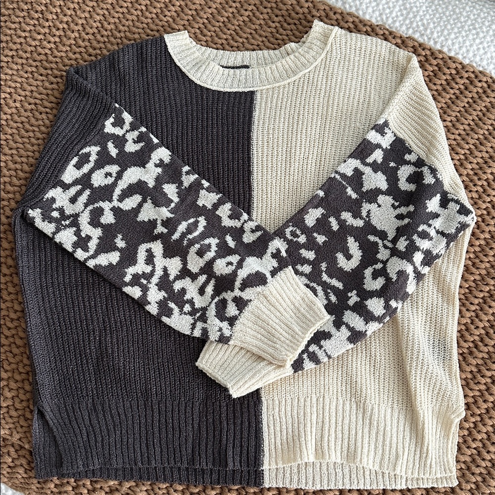 Two-Tone Knit Sweater with Animal Print Sleeves
